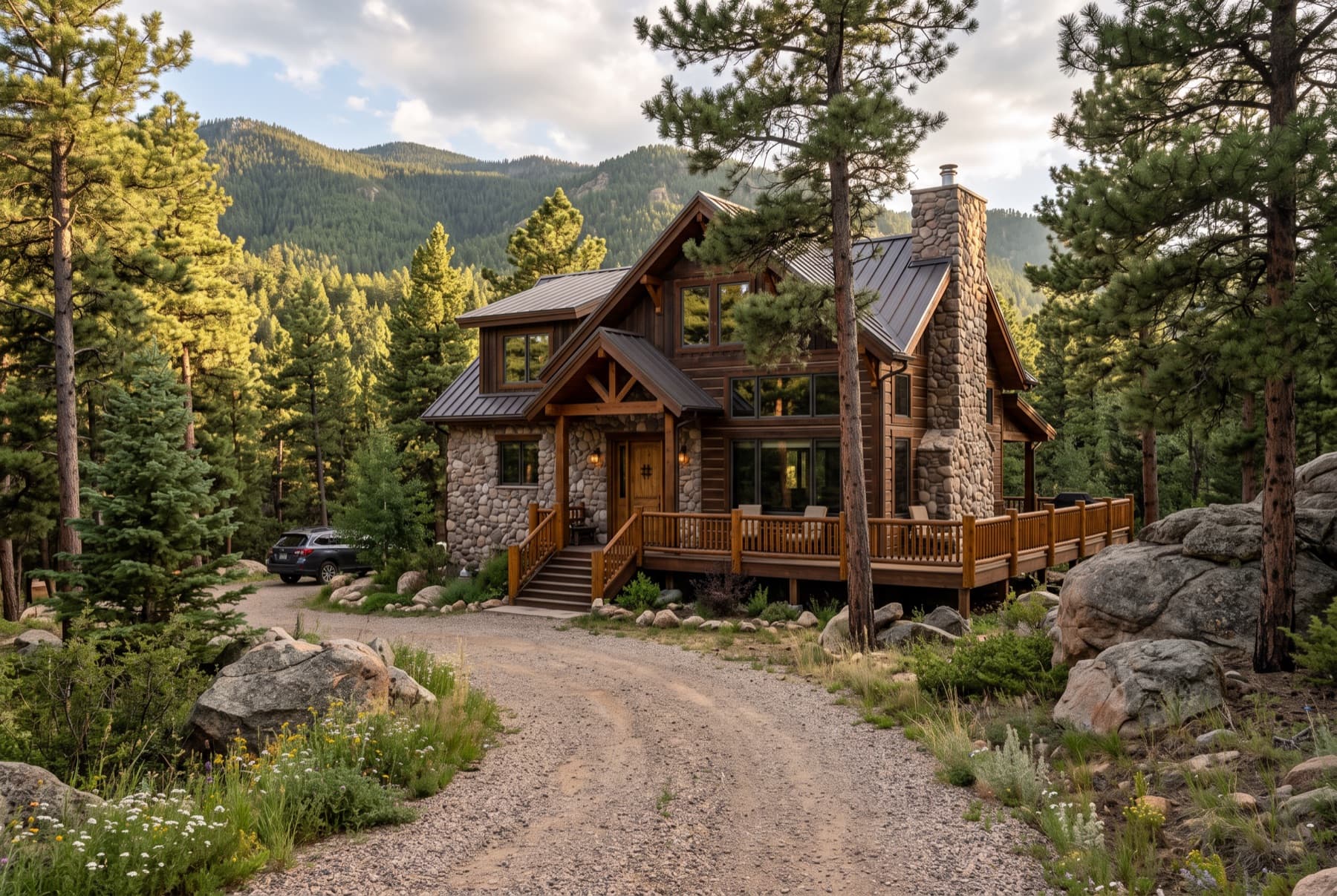 Timber and stone on wooded acreage, Conifer